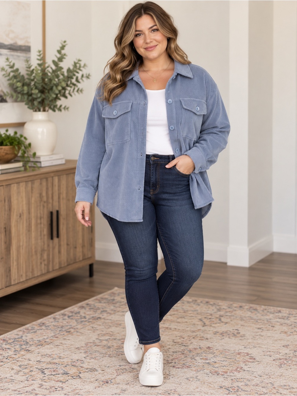 Ashley by 26 International Blue Corduroy Utility Shacket Jacket Large